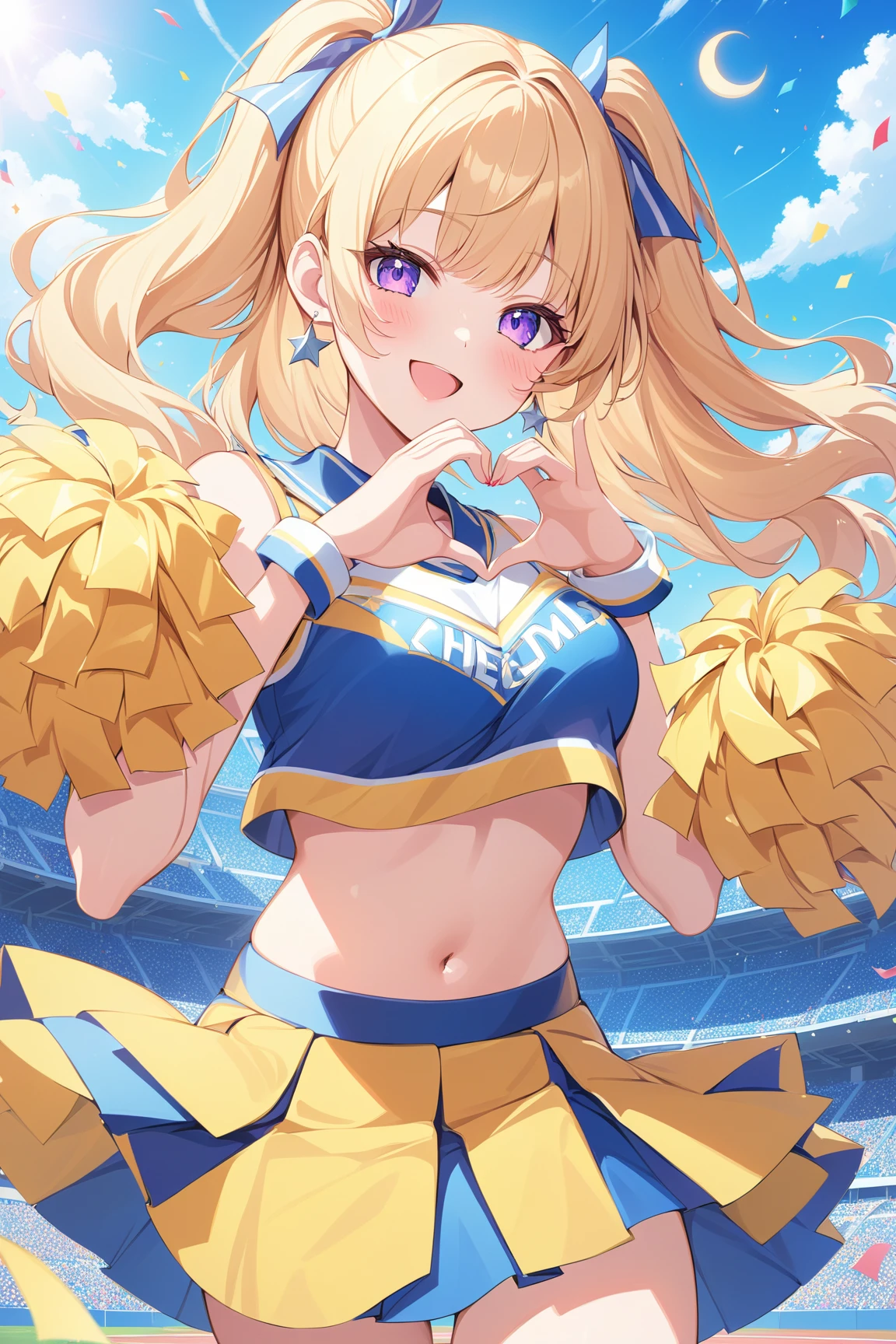 a woman jumping and holding a pair of cheerleading shoes in the air, 1girl, blonde hair, solo, panties, hoshimiya ichigo, underwear, long hair, cheerleader, bow, white panties, open mouth, red eyes, kicking, smile, pom pom (cheerleading), skirt, socks, white background,Ichigo Hoshimiya (Aikatsu!),red star pattern cheer girl