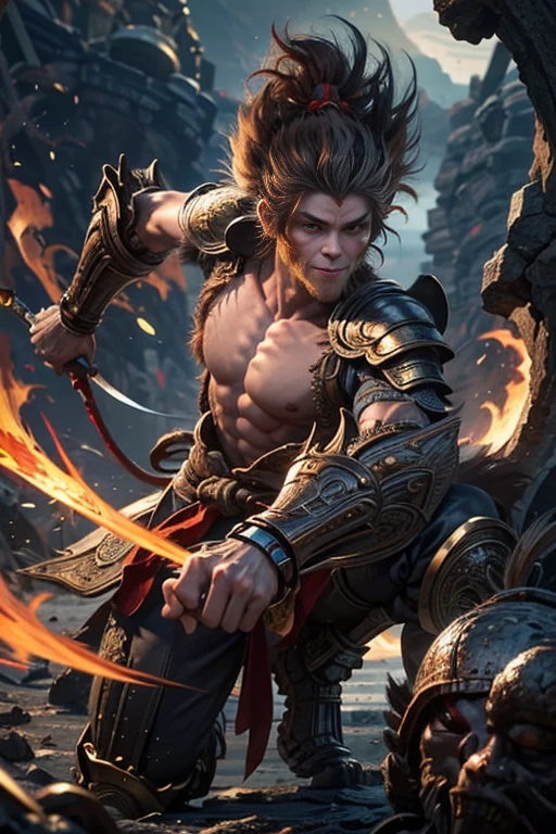 A strong, muscular man with short, fiery orange undercut hair and freckles, dressed in intricate, heat-resistant red and black armor that gleams with a molten, fiery finish. The armor is adorned with flame motifs and embers that seem to glow and flicker with every movement. His underarms are smooth and well-groomed, showcasing his impeccably shaved skin. In battle, he wields fire magic, with flames engulfing the entire scene, creating a dramatic and intense atmosphere. He commands the fire with powerful, sweeping gestures, his eyes glowing with a fierce, fiery intensity that showcases his mastery of the element. The background is ablaze with vibrant flames, enhancing the sense of power and heat. The image is rendered in a photorealistic, hyper-realistic 8k style, with studio lighting. His combat pose is dynamic and aggressive, making the image powerful and cinematic, with intense colors, vibrant HDR, and dramatic chiaroscuro lighting that highlights the fiery energy and motion.