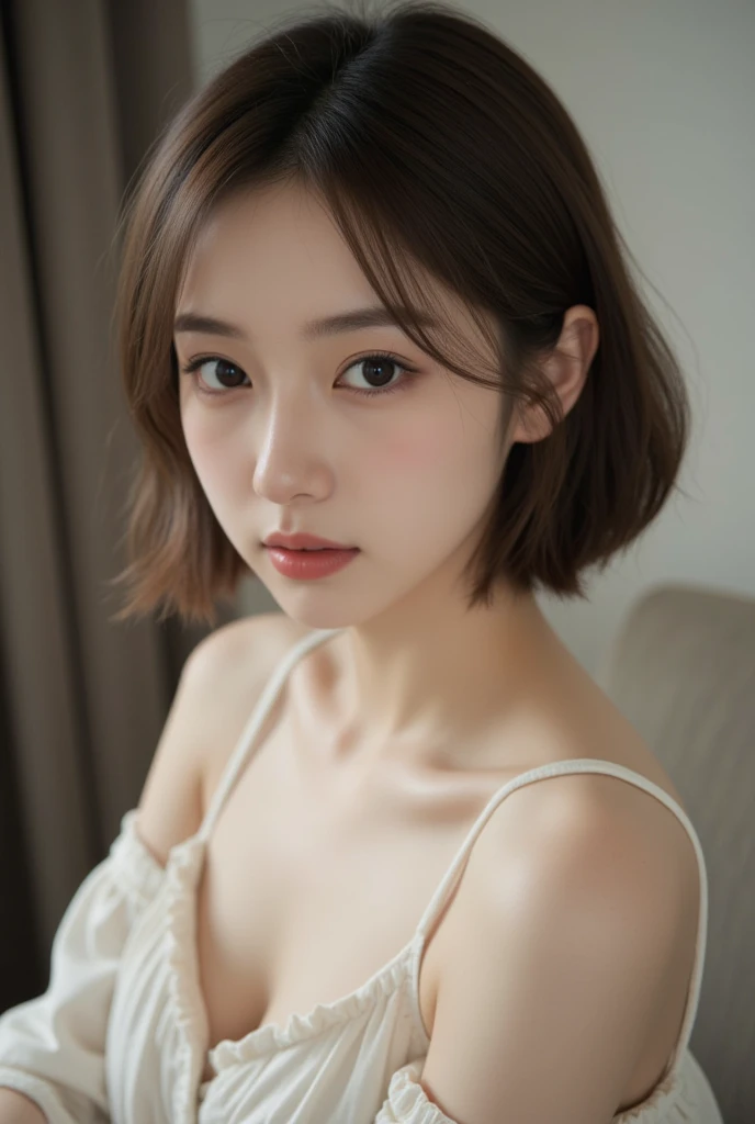 masterpiece, One beautiful girl, small flat breasts、Fine grain, Cute eyes, quality, 超High resolution, (Realistic: 1.4), RAW Photos, 1. Cute girl, Cinema Lighting,Asian Beauties, South Korea, so beautiful, Beautiful skins, slim, Body facing forward, (Ultra-photorealism), (High resolution), (8k yen), (Very detailed), (Best Illustration), (Beautiful and delicate eyes), (Very detailed), Detailed face, View your viewers,smile, Staring straight ahead, Camisole with underwear showing through, No sleeve,Short fine hair,Blonde,Diagonal bangs,White background,Clean room,