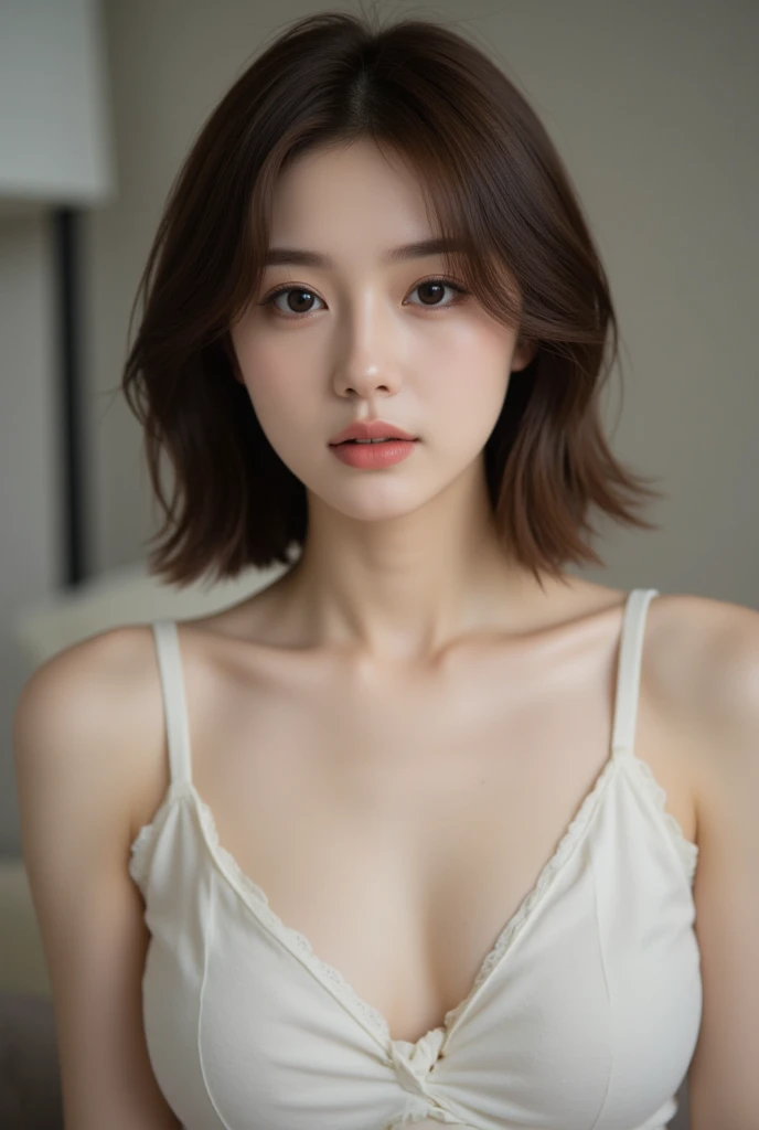 Japanese women、50 years old、Brown Hair、Hairstyle to the shoulders、Dress、Bcup、Embarrassed look