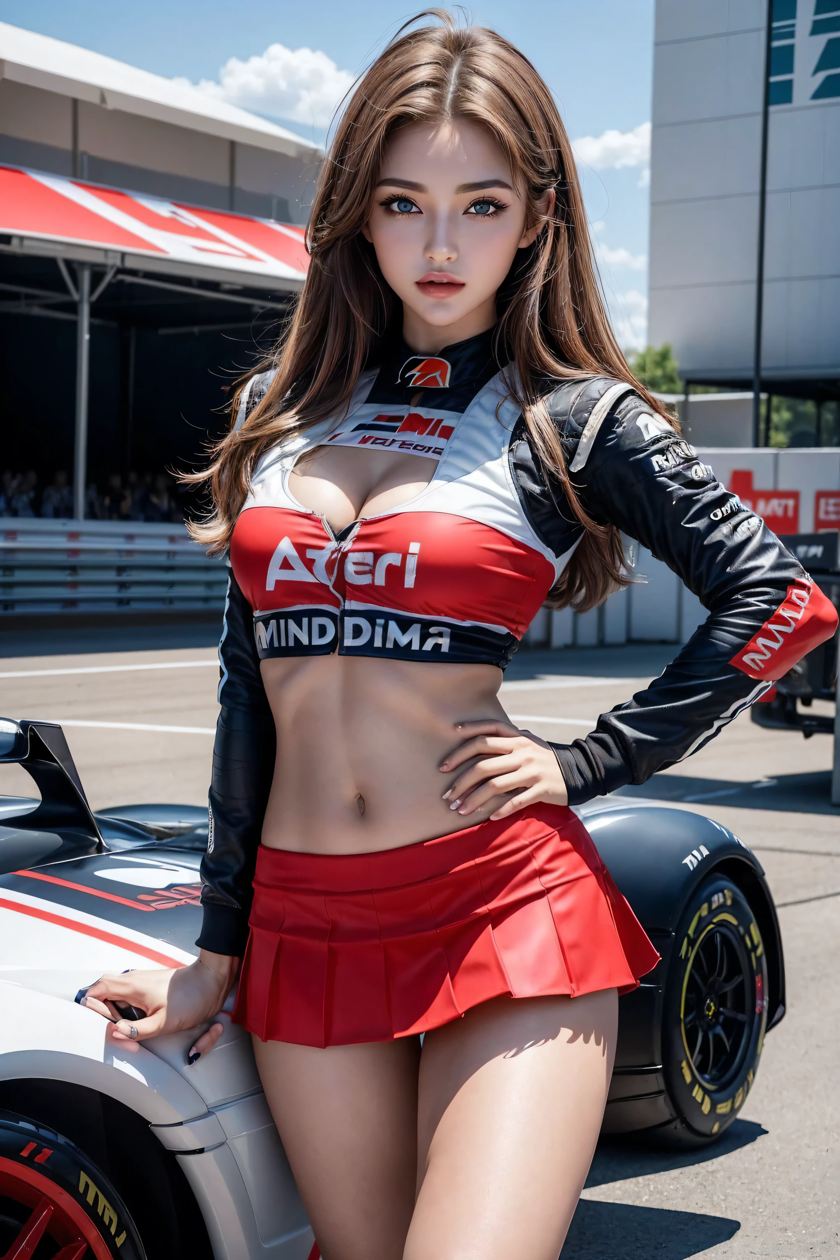 (masterpiece), ( MotoGP Racing Girls), (Eyeliner:0.5),(blush:0.5), Black Hair, A faint smile, Refers to a beautiful and delicate girl, Extremely detailed eyes and face, Beautiful and delicate eyes, , ((MOTOGP events)), (MotoGP track background), (best quality, high resolution, Reality, original, 8K,masterpiece, ),(((Dynamic poses))),(((Mid-abdomen peek))),(((Show under chest ))),(((Red Mini Skirt Lift))),(((Bare inner thighs))),(((Formula One car on display))), (Bright colors:1.2), (Beautifully),