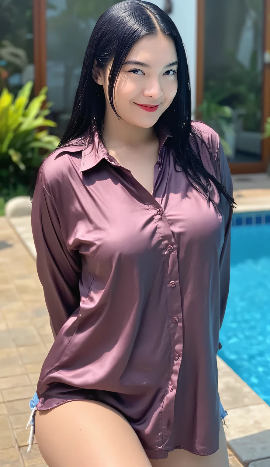 a woman, sitting pulled over by the pool, shirt looks full body, body facing front, eyes looking at camera , wearing a purple satin shirt,  denim shorts , big  size G-cup, thick red lips, Smiling face, black ponytail hair,  all over wet body,  ideal body shape