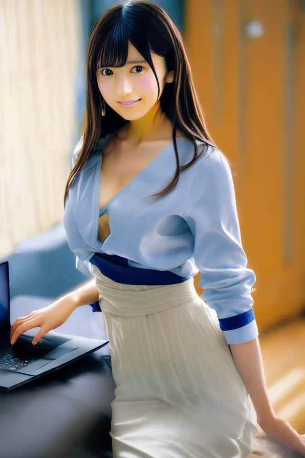 girl in summer clothes, white blouse, light blue shorts, pantyhose or long stockings, making like she wants to kiss you, view from viewer, medium breasts, cleavage, random backgroud, flirtatious look, ((very detailed)), (perfectly detailed face), (well detailed hand) photorealistic image.