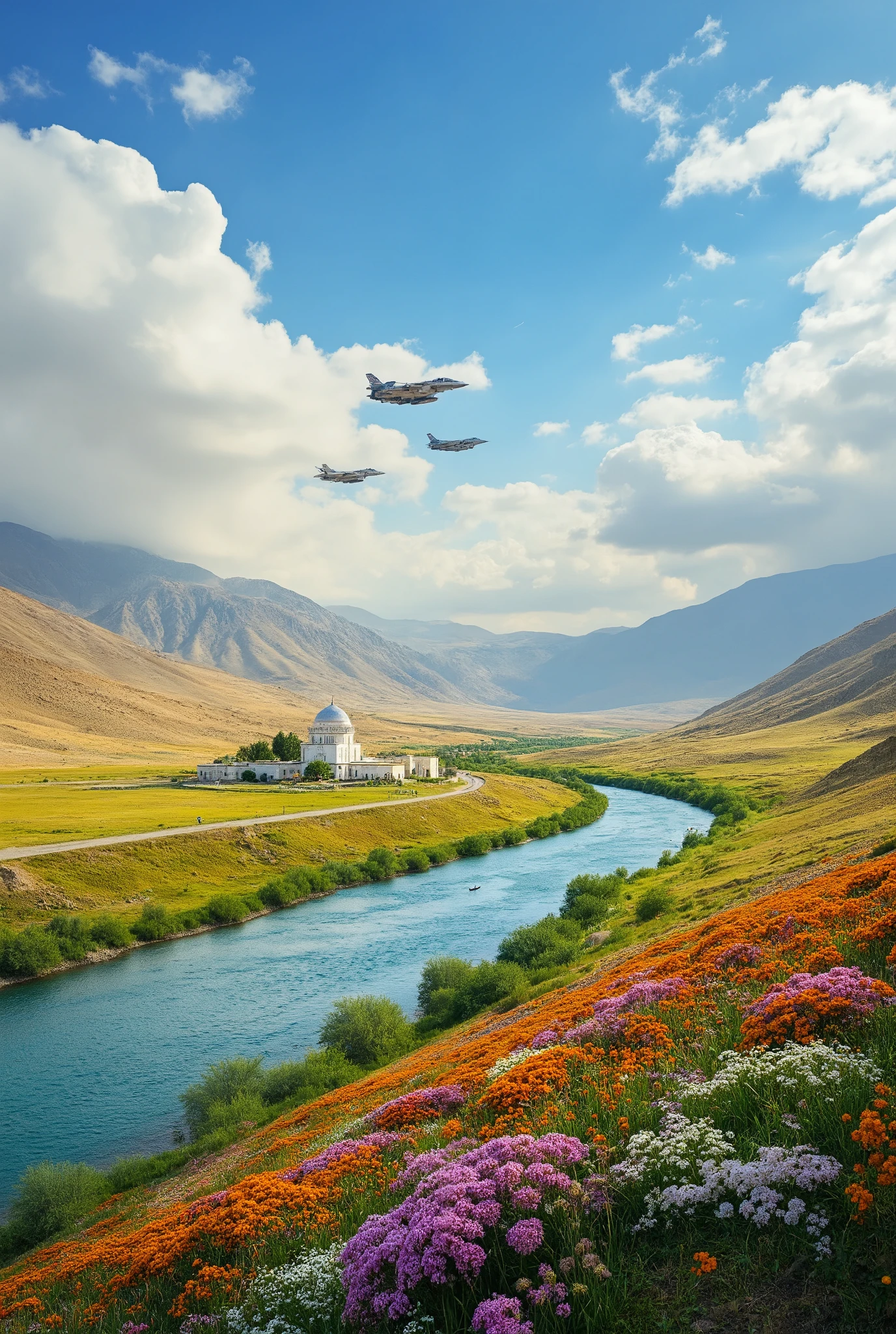 in high-definition images、A masterpiece that imaged the plains of the Iranian Plateau in summer、vivid colors、Strong style with a spectacular and dramatic expression、a small village with a mosque、white house々、A serene blue river、The finest environment with crystal water、Spectacular views of flowers、F-14 fighter jets of the Iranian Air Force are flying around。