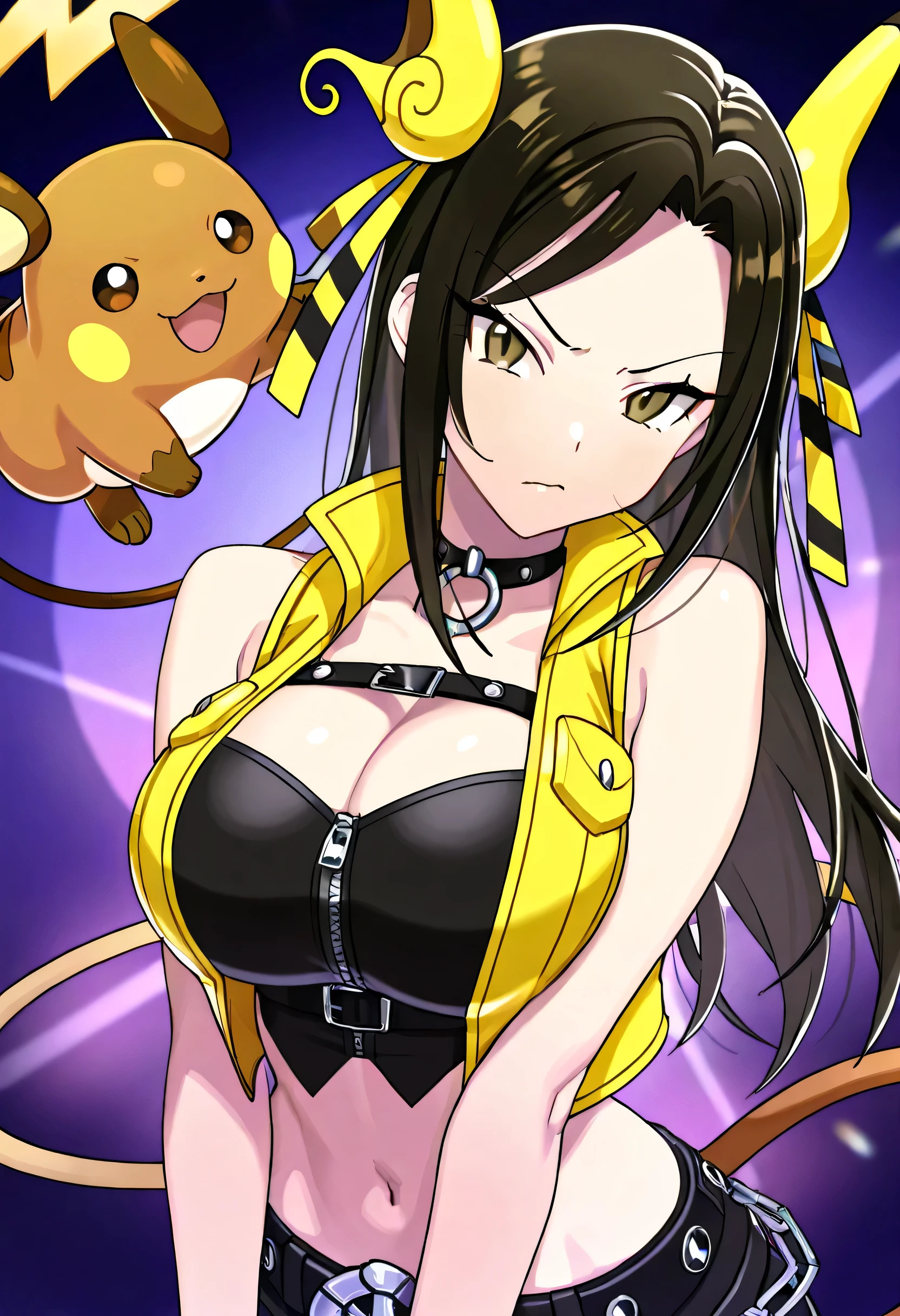 (masterpiece),(best quality),(ultra-detailed),(best illustration),(best shadow),(absurdres),(detailed background),(very aesthetic),mukai takumi, black hair, long hair, brown eyes, large breasts, Upper body of a fierce and flashy idol outfit inspired by Raichu from Pokémon, made for Takumi Mukai. An orange and white zip-up vest with black lining and a belt-style chest strap. The shoulders bear circular pads shaped like cheeks, and a long coiled ribbon resembling a tail runs behind the neck. Her hair is in a wild side-pony with bolt-shaped clips. She’s all voltage and no brakes.