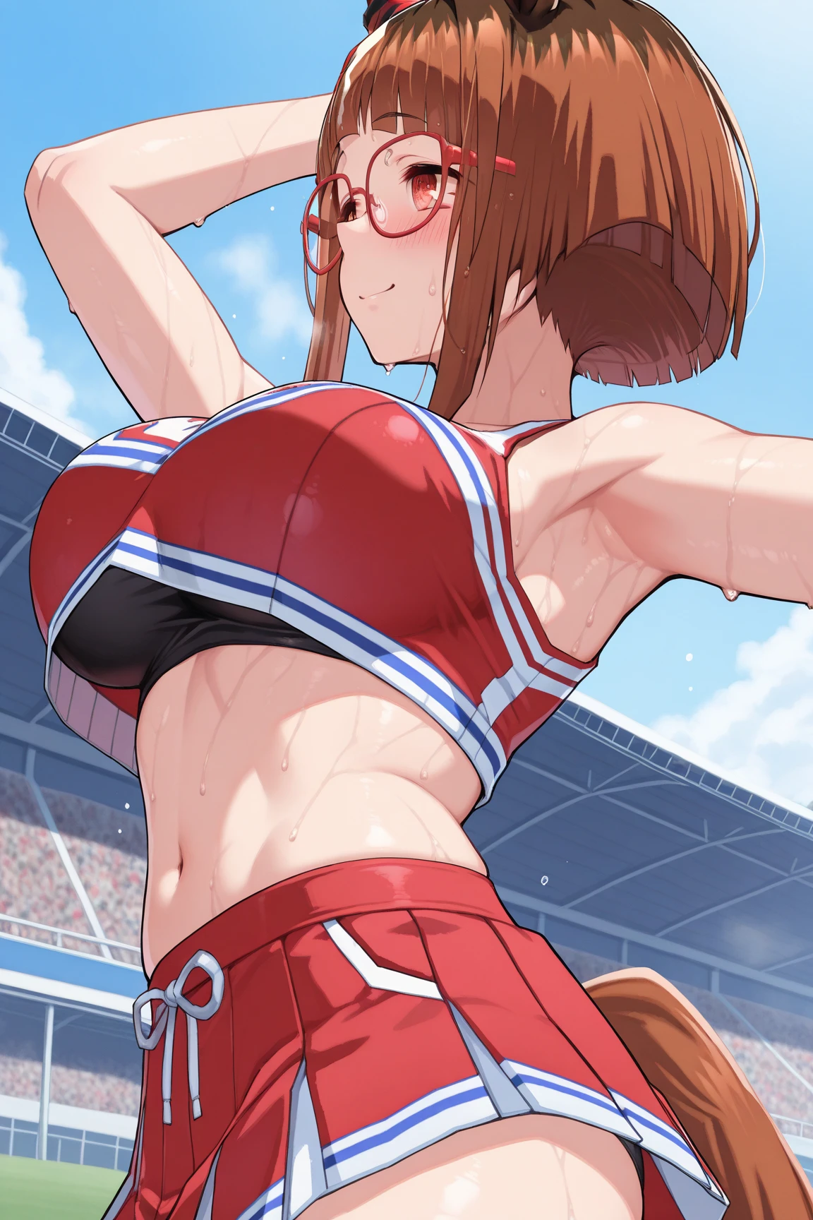masterpiece, best quality, ultra detailed, ultra high resolution, very detailed face, solo, ((anime)), 20 years old girl, (((from below))), (((crimson track uniform, sleeveless))), ((navy bloomer)), ((golden short hair)), (((medium breast))), (six pack abs:1.2), ((little smile)), standing at the track field