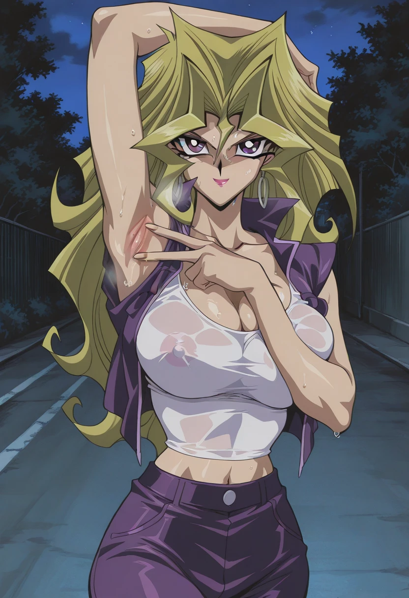 (masterpiece, best quality),  intricate details
 1girl,   mai valentine, long hair, blonde hair, jewelry, purple eyes, earrings, makeup, huge breasts purple bikini