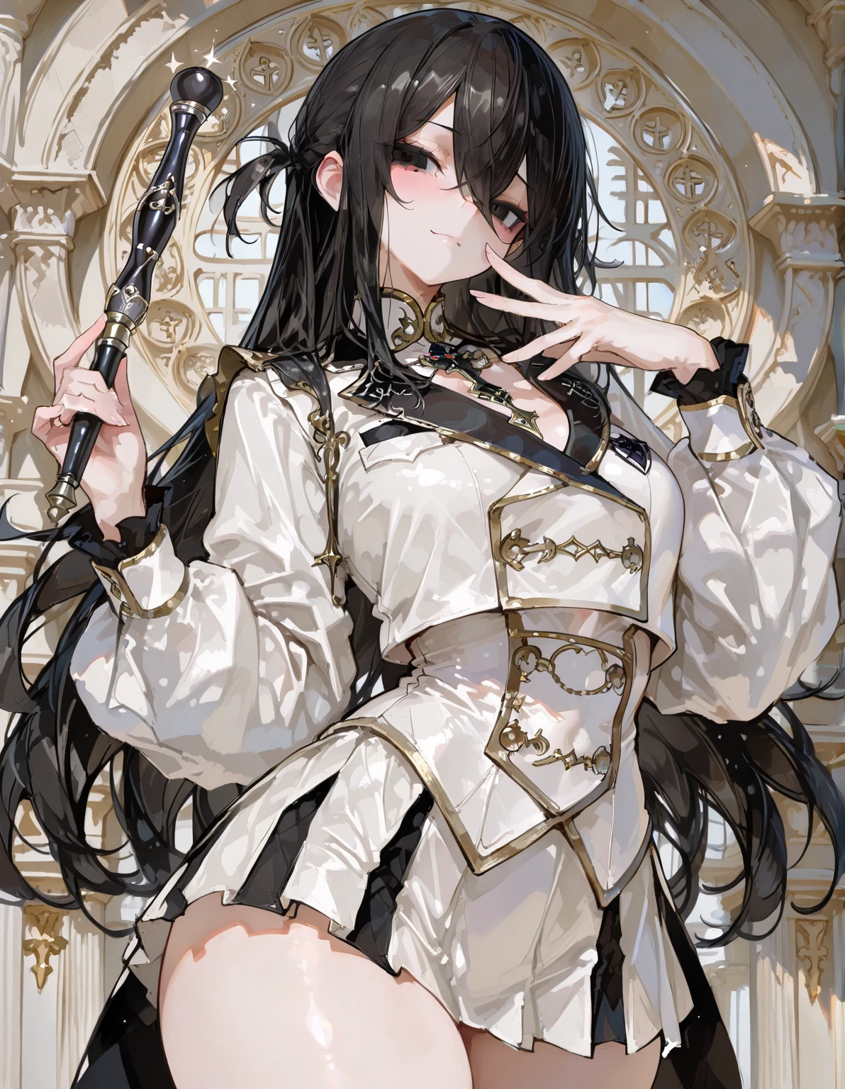 Beautiful Youth、Black Hair、Center-parted hairstyle that exposes the forehead、Hairstyle with a long neckline、Host wind、Cross motif necklace、An inappropriate smile