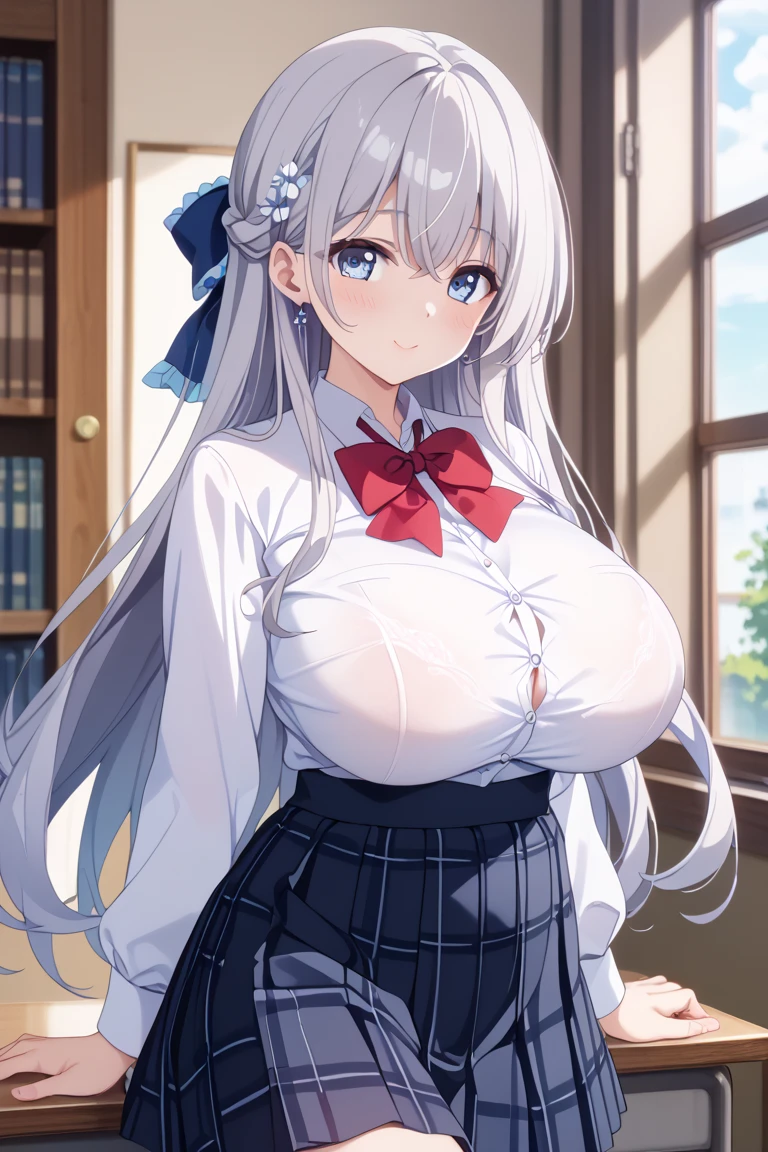 {Best Quality}, {ultra-detailliert}, {very detailed illustration}, silber hair, Aimei, embarrassed from,breastsout,Suspender Skirt,red blush,Black tie,Be undress,suspenders、skirt by the、Casual clothing,Maids