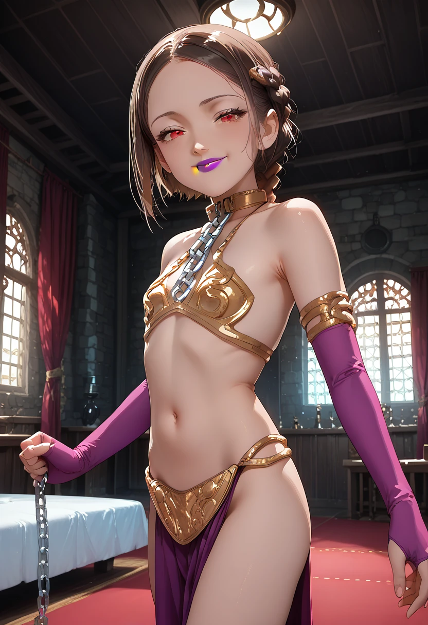 A lovely dark elf witch( extensive violet tattoos, minimal spider silk clothes, some golden body jewelry, ornate ritual dagger), moving through her harem, lavish room
