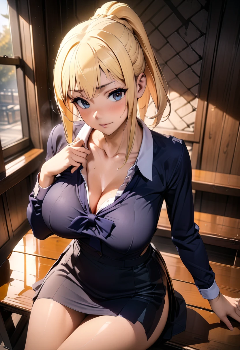 ((Correct Anatomy)),(Female student),((school uniform)),((Sailor suit)),((Lace panties)),(Mini Pleated Skirt),(((Black Pantyhose)),((squat)),((Beautiful legs)),((Big Breasts)),Ultra-high resolution,Mature Woman, Mature Woman, Very detailed,Perfect hands, Detailed fingers, Beautiful details, ((Long blonde hair)),((ponytail)),loafers,Earrings,Embarrassing,Perfect Eyes, Captivating eyes,classroom