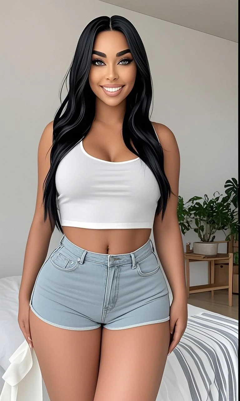 one 23 year old light ebony girl, sexy hour-glass body type, proportionally curvy, slender with curves, tear-drop breast type, protruding nipple type, seductive, form fitting Uranian Blue high waist shorts and white tank top, in the morning in her living room with furniture all around,without bra,cute pose, ass
