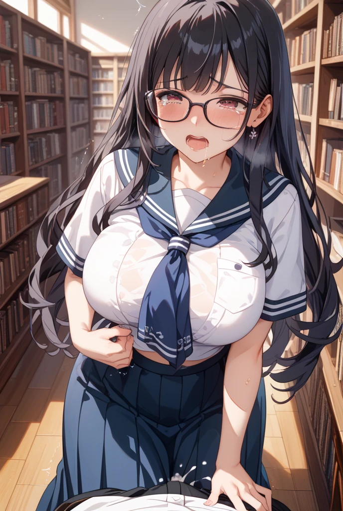 ((masterpiece,Highest quality;1.3,best illustration,realistic)),1woman、独奏,22 year old beauty,((very small head:1.1)),center parted bangs,forehead,black hair,long hair,black eyes,gorgeous eyes,Black-rimmed glasses、tears,shy,Heavy breathing,medium breasts,((very long body)),((toned body,slender body,skinny)),gleaming skin,shiny skin,oily skin,(oversized blue cardigan,Dark blue pleated mini skirt)、White tank top、kneeling,incontinence、peeing,library、Tokyo、
