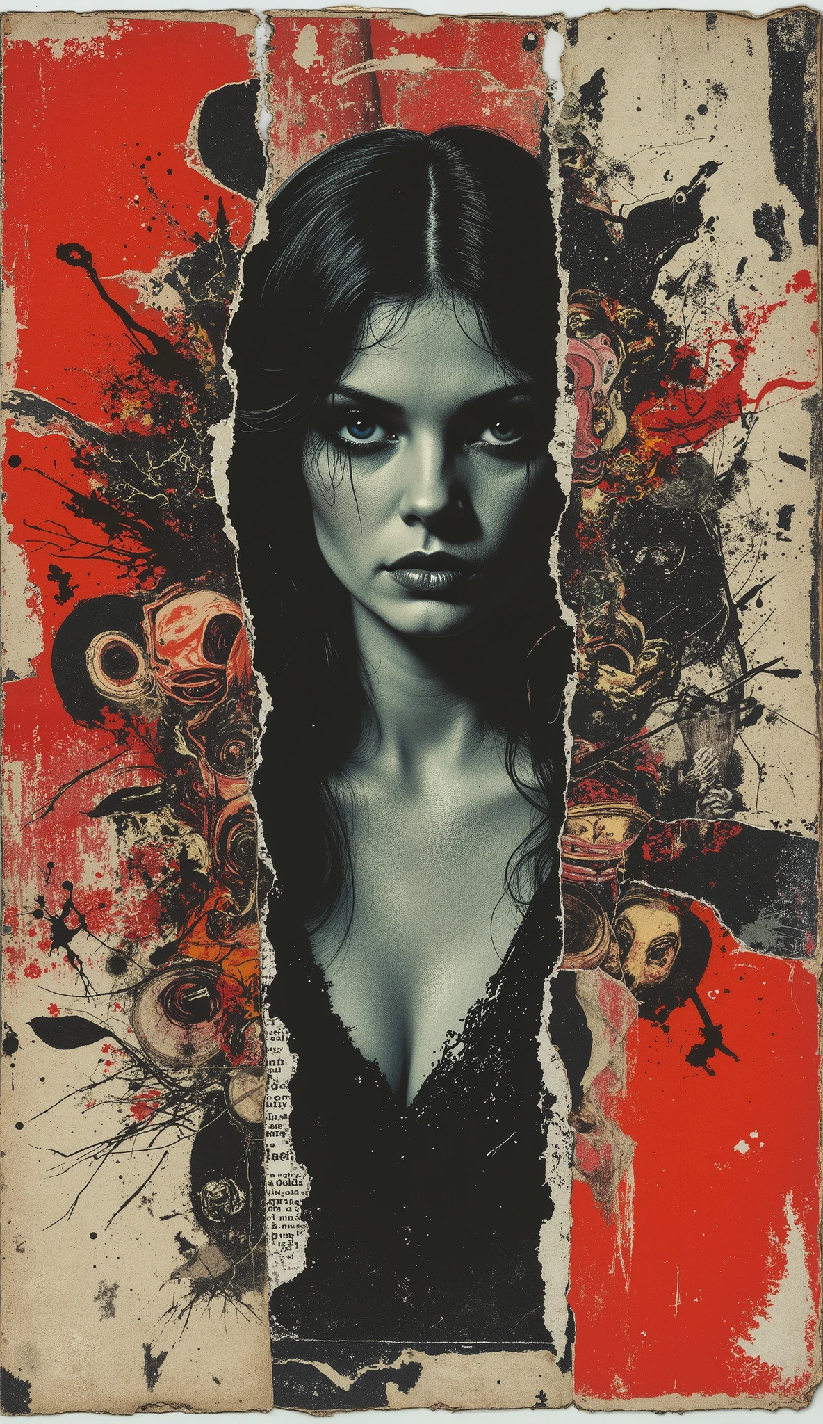 film(1929), directed by Luis Buñuel. Surreal retro collage artwork composed of cutouts from vintage horror magazines, chaotic and rebellious composition, torn paper textures, bold pop colors, absurd juxtapositions, sinister nostalgic aesthetic. Hidden within the vibrant scene is a strange woman in black and white — subtly integrated, fragmented and partially obscured, immovable in the midst of chaos. At first sight, imperceptible, but revealed upon closer inspection. It evokes mystery and contrast, combining nostalgia with silent rebellion and horror.