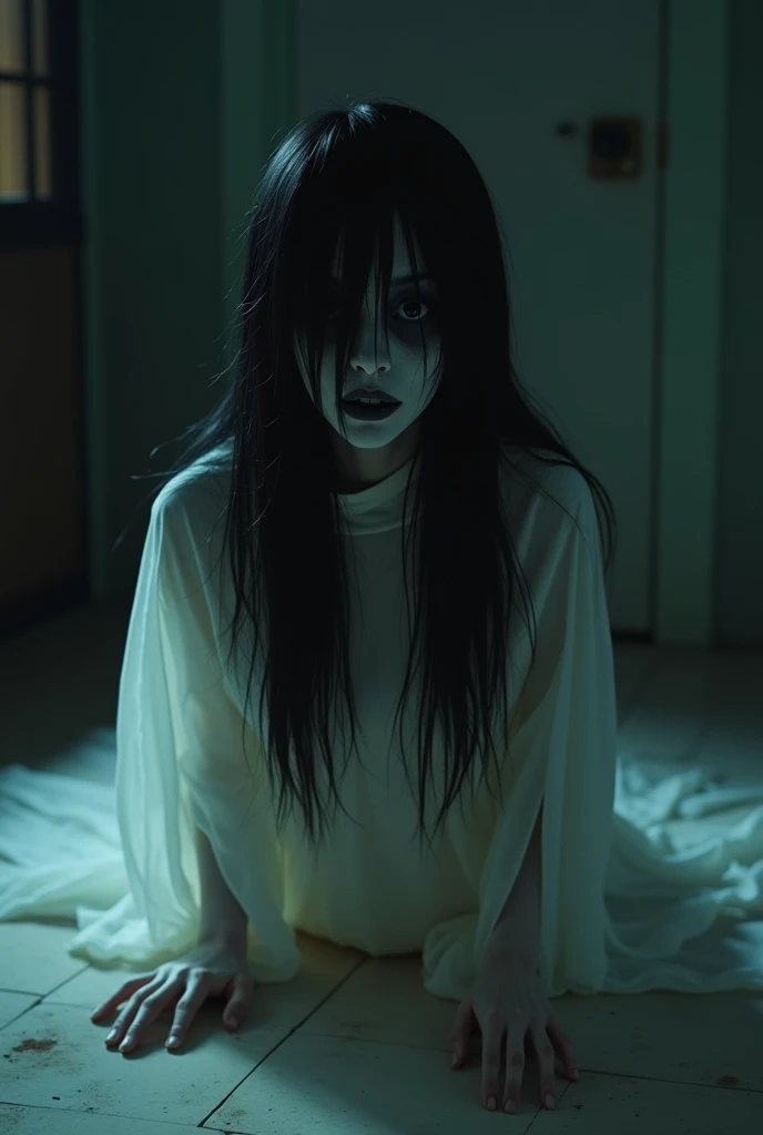 horror art, dread, Best quality, masterpiece, ultra high res, (photorealistic:1.4), gopro, Action shot of a terrifying ghost beaten by the viewer, kneeling, begging for mercy, (in arena), creepy, white dress, unnerving, unsettling, terrifying, 80mm, horror lighting, dynamic action