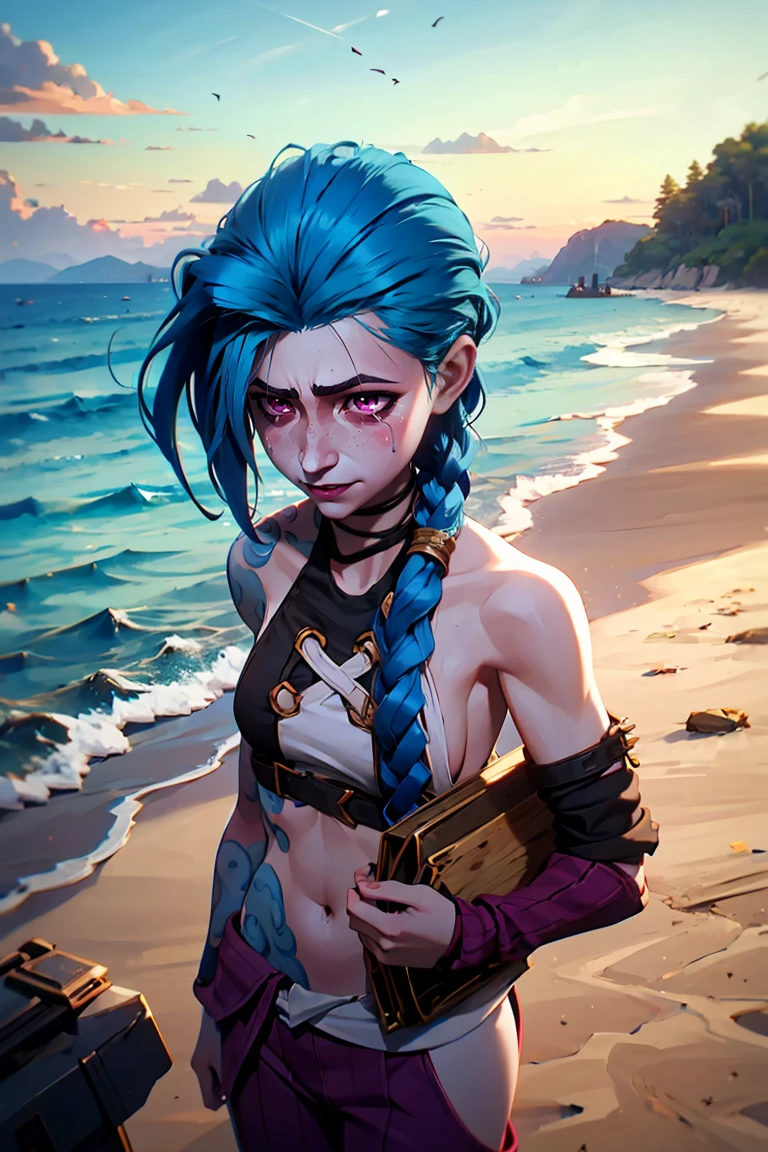 Arafed Mujer con cabello azul y tatuajes en una playa, Jinx de Arcane, Jinx de League of Legends, Retrato de Jinx de Arcane, deviantart artstation cgscosiety, Renderizado 3D de arte de personajes 8 k, Ganador del concurso Artstation, pifia, Anime estilo 3D, Ganador del concurso CGSOCIETY!!, Modelo IG | Artgerm, Jinx arcano