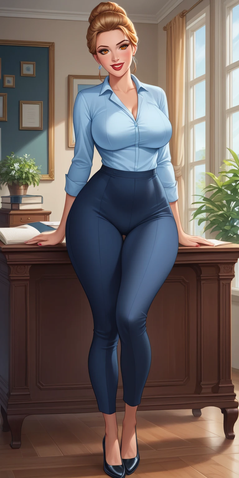(masterpiece, best quality), 8k, ultra-detailed, realistic photo, detailed face, perfect illumination, beautiful eyes, bright ginger hair, bright hair, beautiful legs, side photo, beautifull, cute, skin pores, 1girl, standind in office, hiking, office pants, perfect shirt, full dressed, beautyful women 20 years, beautiful proportions, russian woman, caucasian, european, businesslady, stunningly beautiful woman, milf, thick legs, big chest, (thin white shirt:1.4), thick, hot, (white office clothes:1.4), skinny pants, (wide hips:1.2), thick, (white office pants:1.3), spread legs, legs open, in full growth, wide hips, glasses