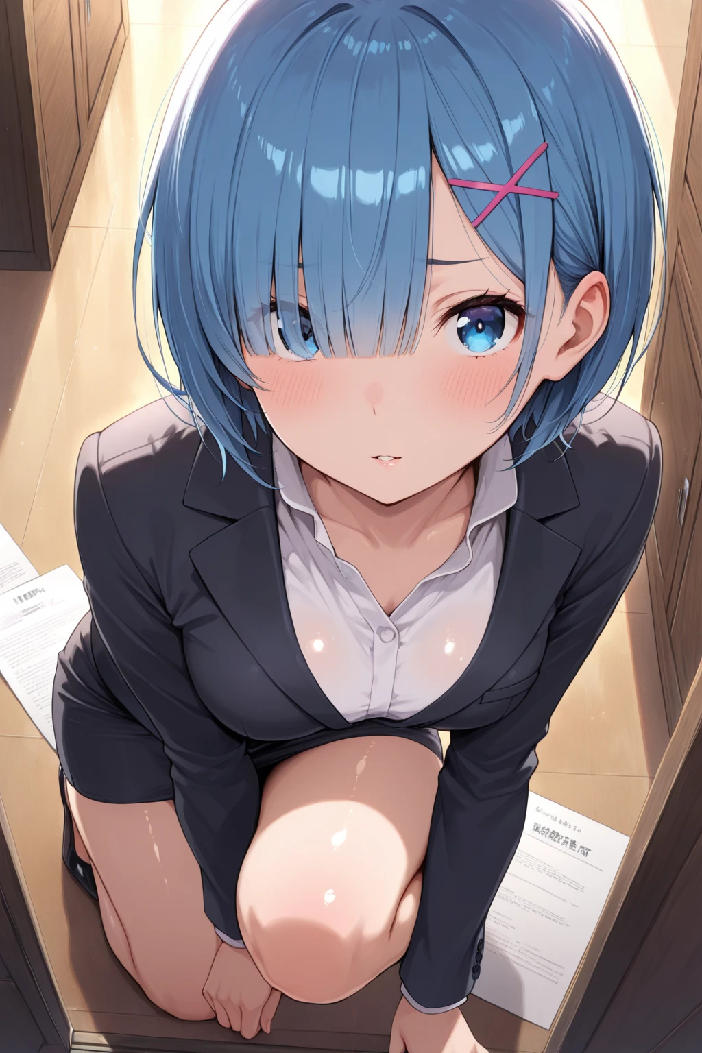 expensive body, expensive, Long legs, Mature Mature, Adult, The eff_recommend_Akane, alone, One girl, , Blue Hair,   View your viewers,  , Sweater ,indoor, bangs, , Mouth closed, , Green Eyes, Multicolored Hair, black , short hair, Raise your hand, classroom, Sweat, Expressionless, Gradient Hair, blue eyes, (Completely naked)，(Open your legs in an M shape)，Show your side