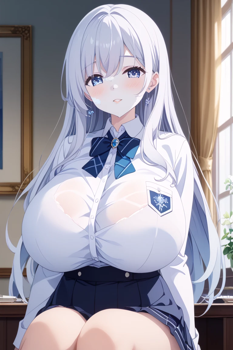 Silver Hair、(((Huge Breasts)))、Long Hair、Expressionless