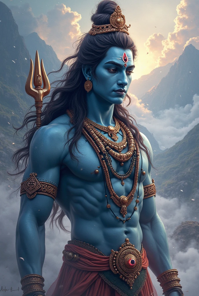Create a highly detailed and visually stunning illusion of Mahadev, also known as Lord Shiva. The image should capture his divine and powerful essence, featuring traditional elements such as his third eye, crescent moon on his forehead, the Ganga flowing from his hair, and the serpent around his neck. The background should evoke a sense of mysticism and spirituality, with elements like the Himalayas, a serene river, and a glowing aura surrounding him. Ensure the colors are vibrant and the details are intricate to bring out the majesty and divinity of Mahadev."