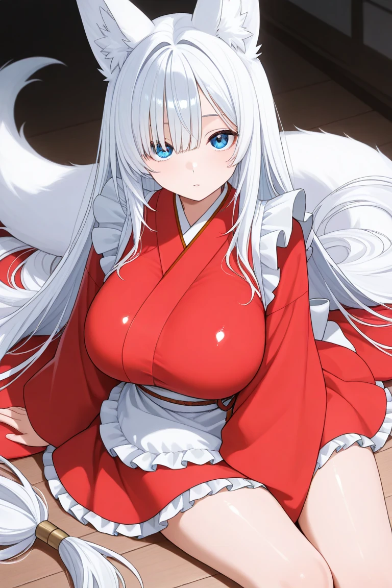 Kimono, huge tits, nipples, close up vagina, busty, silver hair, elf ears, blue eyes, long hair, masterpiece, best quality, 4K, HDR, lying arround bed, sleep, spread legs, fullbody, wet, emotionless, look at camera