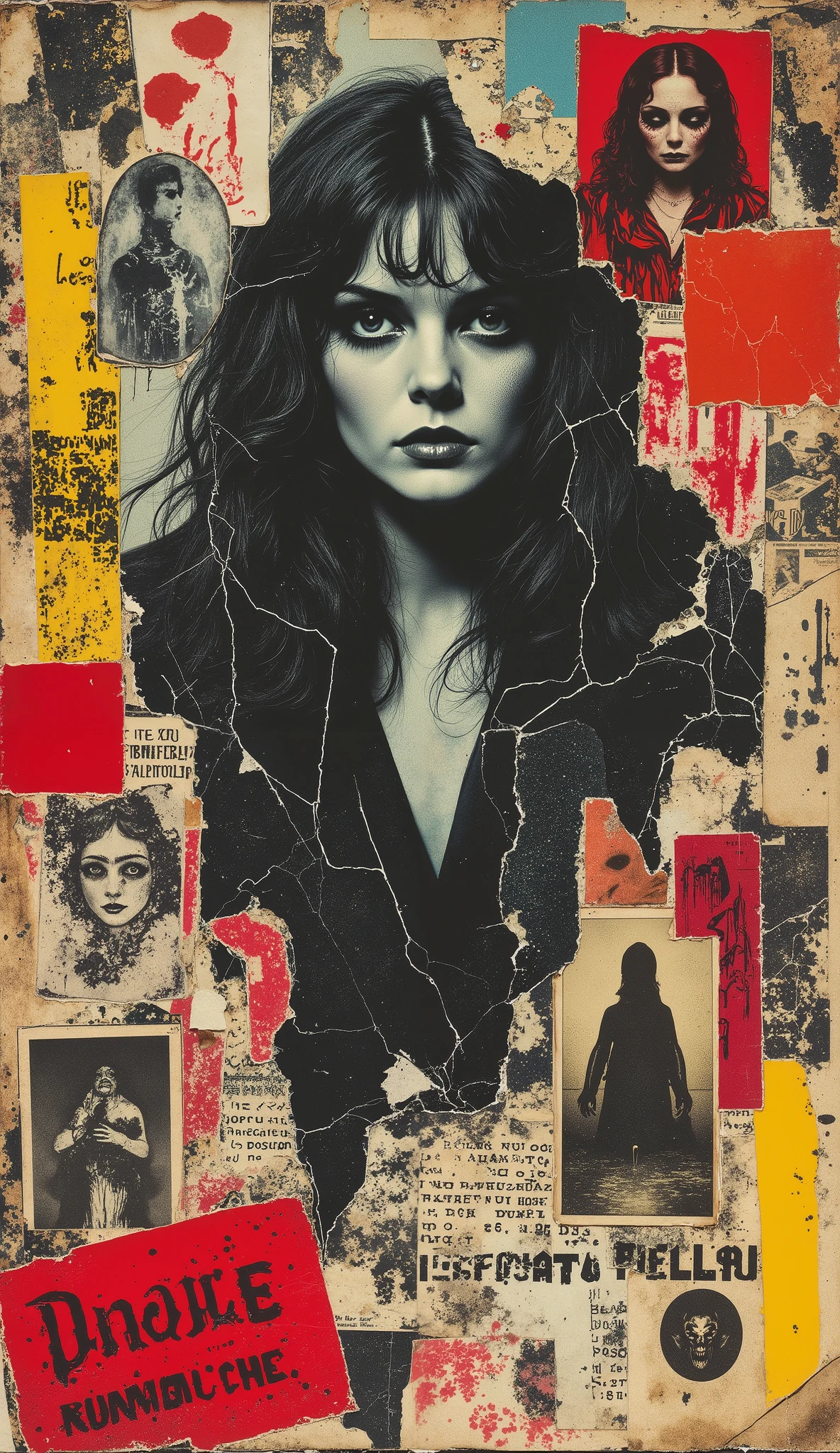 film(1929), directed by Luis Buñuel. Surreal retro collage artwork composed of cutouts from vintage horror magazines, chaotic and rebellious composition, torn paper textures, bold pop colors, absurd juxtapositions, sinister nostalgic aesthetic. Hidden within the vibrant scene is a strange woman in black and white — subtly integrated, fragmented and partially obscured, immovable in the midst of chaos. At first sight, imperceptible, but revealed upon closer inspection. It evokes mystery and contrast, combining nostalgia with silent rebellion and horror.