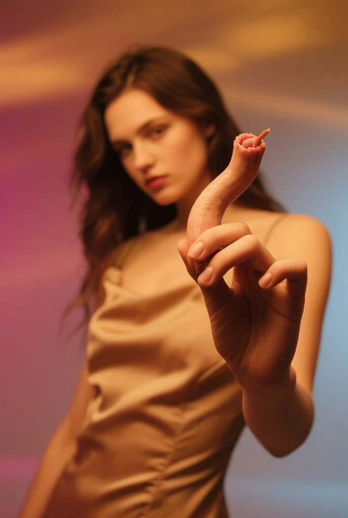 A woman in a dress sitting on a chair with a rubber penis attached