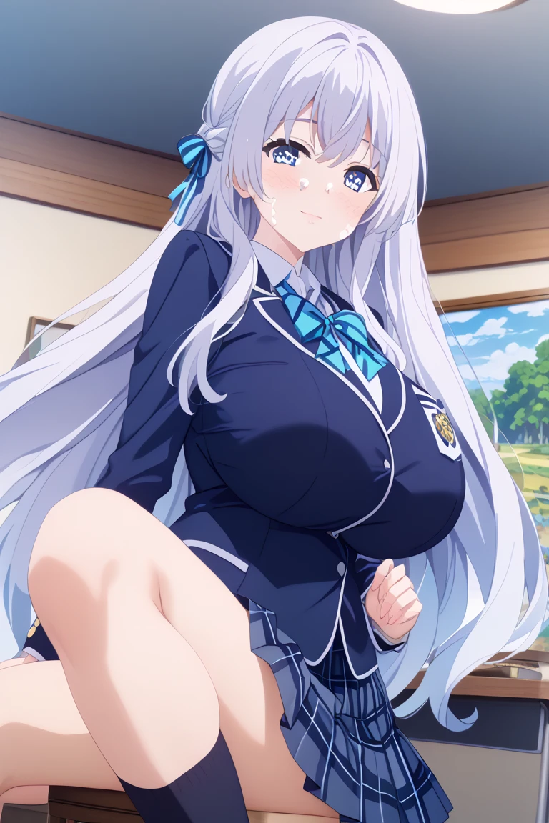(((masterpiece))), ShizukaMikazuki, One Girl, alone, View audience, Long Hair, Gray Hair, Long sleeve, Cleavage, Large Breasts, Mature Body,clavicle,, blue eyes, High Ponytail, The look of temptation,Embarrassed face, Japanese high , ,Navy blue mini skirt, Navy blue head ribbon, Laugh shyly,Gymnasium at dusk, exposed nipples and genitals,Leg spread, Large-breasted