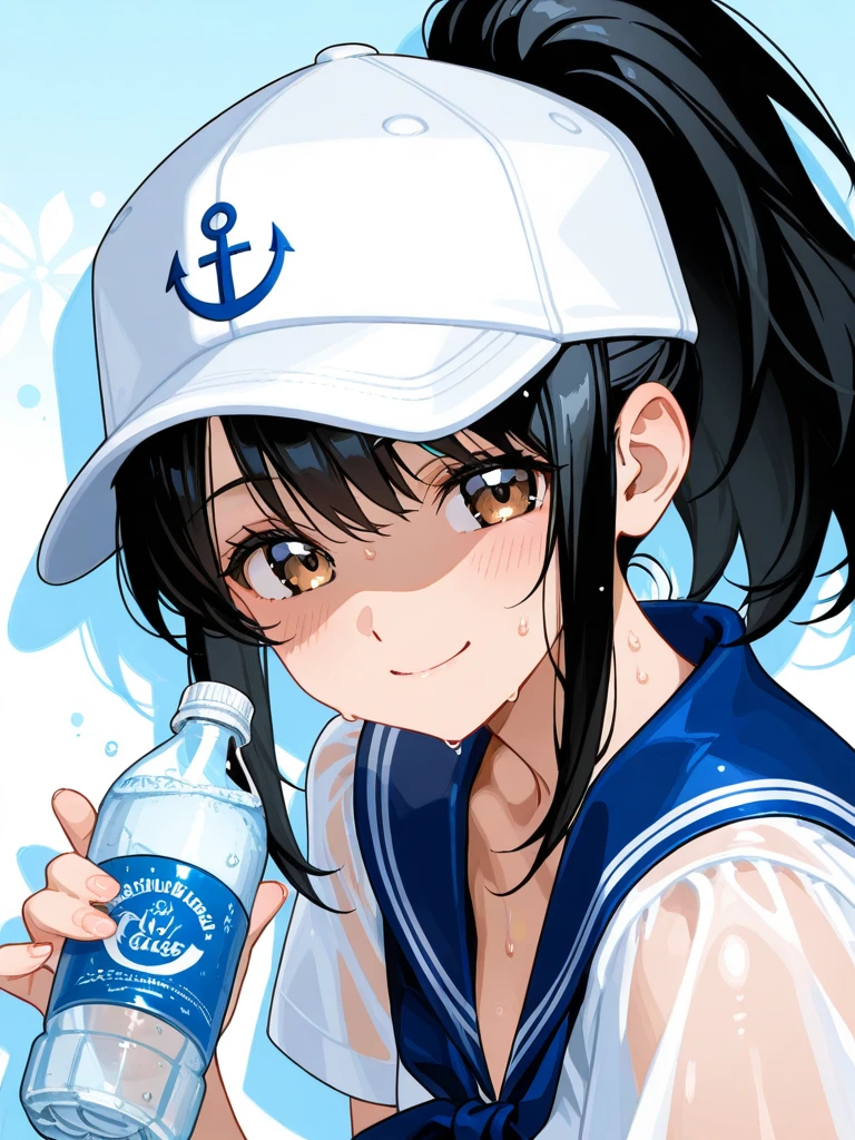 score_9_up, score_8_up, score_7_up, score_6_up, source_アニメ,2d, flat、Eating a popsicle、Black Hair、Pigtails、Navy blue school swimsuit、Brown Skin、(swim ring wrapped around chest)、Red underwater goggles、Ocean、rating_safe