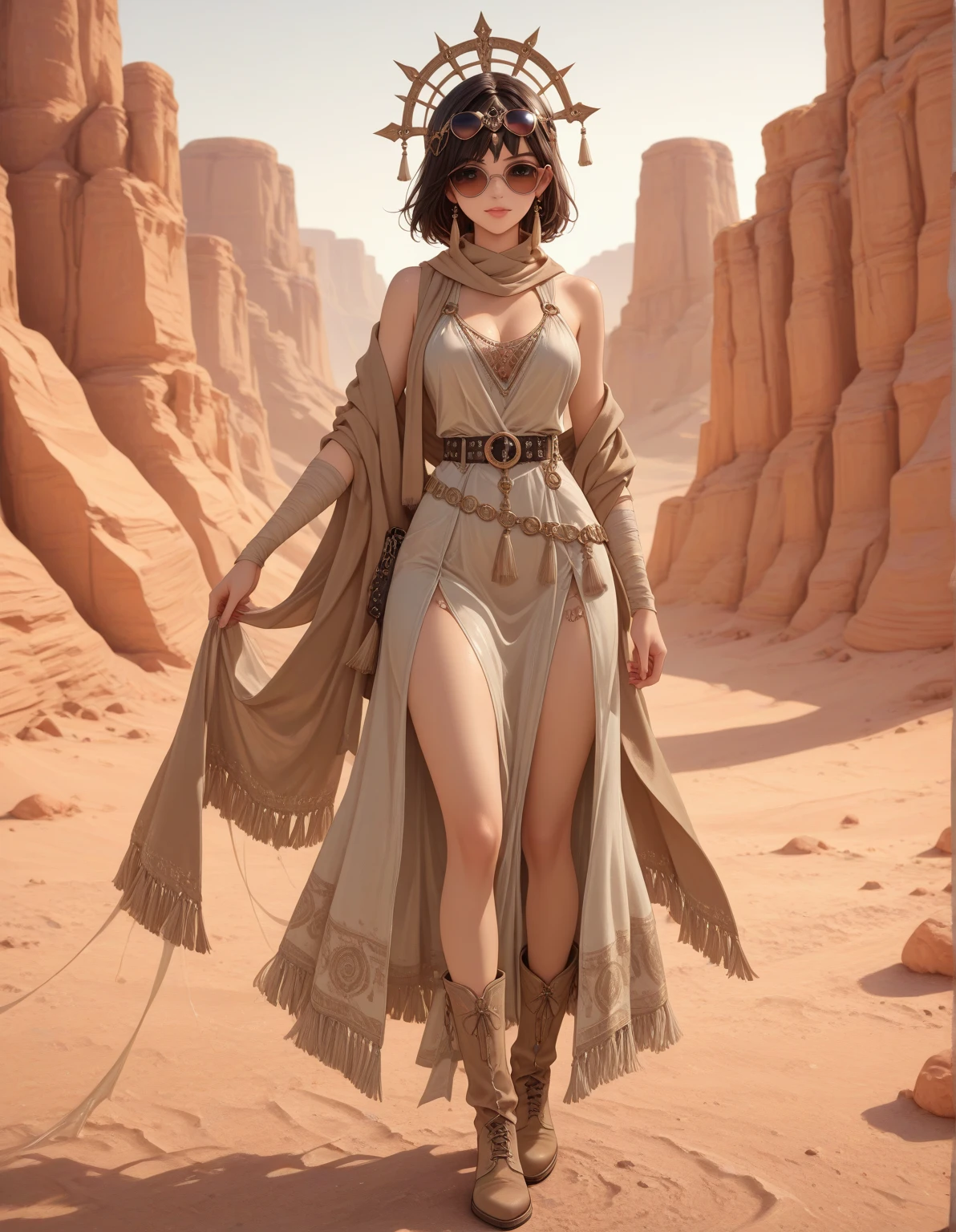 A boyish young woman. White ethnic. An assassin and rogue in an ancient barbaric setting. Extremly pale skin with liverspots and freckles. Very short boyish hair. Dark-brown haircolour. Very short undercut. Sides shaved. A soft narrow face. Big upturned dark-brown eyes. Very thin eyebrows. A wide and long nose. Beutiful curved lips. Long neck. Rather slim. Very . Tiny breasts. Wide hips. Long thick legs. She wears long dresses reminiscent of ancient Mongolian tribes. They are worn and poor. In the background, a barren, vast land can be seen. It consists of endless steppes and a few barren hills in the distance.