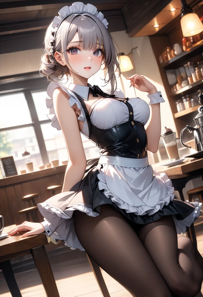 (from above:1.2),(from side:0.6),(Close-Up:0.4), (A masterpiece of image quality in 8K),(Beautiful Allafed Woman),(((emphasizing breasts:1.1))),(Dynamic angles),(Dynamic and sexy bending pose:1.3),(sit a chair:1.2),(Short hair in shiny silver and orange inner colors,small full breasts,Disturbance of clothing due to movement,breast slip,(Ponytail twisted buns adorned with elaborate braids and beads,Braided Setup Fishbone Hair:1.2),(see-through bangs),small breasts,(((A brown lace apron that shows your bare skin from under your small breasts.......)))、garters,Blush with embarrassment、Enraptured eyes、 little open mouth,A smile that beguiles the viewer、(Look back:1.2)、Look into the photographer,skin glistening with sweat,gazing at viewer,,(Professional Lighting),(masutepiece,top-quality,Ultra-high resolution output image,),(Ultra HD with complex detail image modes),depth of fields,Beautiful hands,Beautiful fingers,Detailed finger features,(Detailed hair features:1.7),detailed facial features,detailed clothes features,
