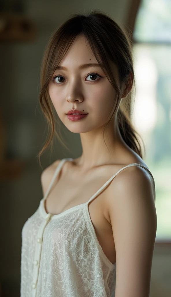 femele1People only、Upper body naked、I'm not wearing anything、ample breasts、Rich Perfect Style、natural soft light、(Transparent blouse:1.3)、(Breast shows through:1.2)、(teats see through:1.2)、Wearing micro mini shorts、European Street、A slight smil、cute face、glowy skin、double eyelids for both eyes、Natural makeup、