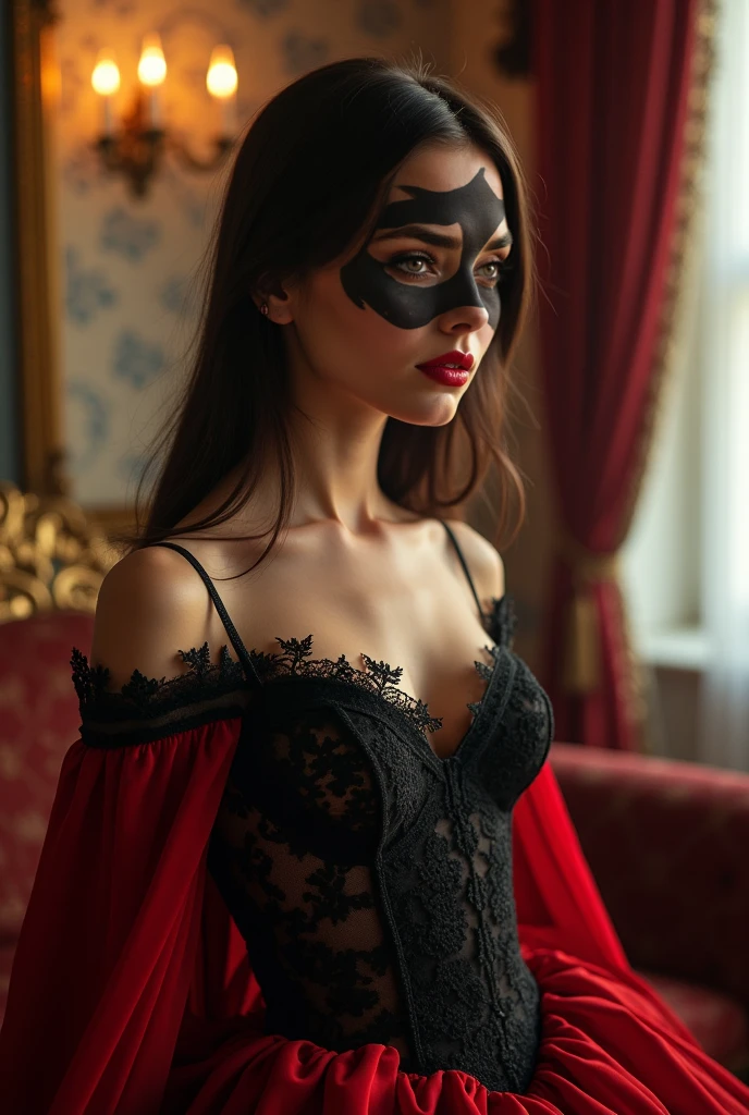 full body photo of a young woman wearing a mask, dreamy gothic girl, elegant render, half body photo, mistress, ebony rococo, elegant girl, female spy, haunting beautiful young woman, super-hero girl, extravagant dress, sitting on bed with legs spread in bedroom, cameltoe, open seductive smiling mouth, legs spread, happy worshipping, manspreading, hands behind back, hands not visible,red winged womb tattoo on stomach