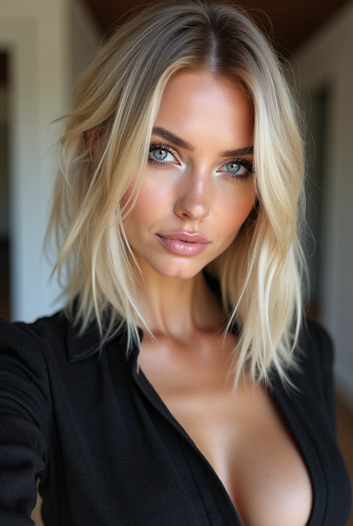 Selfie, Wink, süße Babyface-woman, attractive and seductive expression, Shy, blonde straight hair, forehead, the picture, blue eyes, Excellent body proportions, with Tätowierungen bedeckt, wears loosely knitted shirt, tight-fitting leather trousers, highheel stiefel bob hair with lots of blonde strands, pointed nose, bleached blonde bob hair, 4, lifted face, Nose for Plastic Surgery, Vampir-Lifting, Pores on the cheeks, broad nasal bone, Eye wrinkles, small laugh lines, Hautpo, Pointed cheekbones, HIGH CHEEKBONE, Almond eyes, Schmale Almond eyes, Smokey Eyes Make-up, Vamp Make-up, Subscribe to something, brownish skin, Surgical lips, detailed face details (freckles, folds, Hautpo) Full body image of (woman, stand, with, Arms crossed,little smile), (Detailliertes Realistses Gesicht), (((Hyperdetailed))), symmetrical face, detailed students, expressive make-up, Real photography, modern look, Real photography (Realists:1.5); She wears various Sexy colorful dresses, Bold dark eye makeup Vamp Mascara, long black dark eyelashes, sitting in the living room, Show hips, Confident Pose, dominant woman , black eyeshadow, spectacular show make-up, Image grain, pixel grain, high contrast, Hips posing, Sexy hips, Full body shot, long legs, sexy legs, large , large , busty, She presents her body cheekily, provocative for the viewer, Sexy attitude, pussy:1.9, vagina:1.9, clitoris:1.9, (small pussy:1.5), (modern office background:1.3)、Golden blonde long hair、(High Heels), (Seductive pose:1.2) professional photo, HDR, Natural light, (Anti-aliasing:1.2), elegant, Soft, diffuse light, Realistssch proportions, limited range, Contre-Jour, Accent Lighting, (Neutral Colors:1.3), (Cough:1.7), cinematic lighting, coherent light, coherent shadows, depth of field, 35mm Photography, epicPhoto, ((naughty slut:1.5)) ((Whore in tight skirt:1