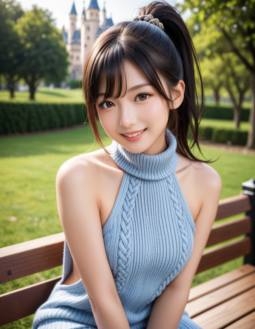 ((Park fountain:1.3)), (8k, RAW Photos, Highest quality, masterpiece:1.2), (Bun twin tail), alone, Looking at the audience, Viewed from the front, ((性欲が強いhigh school girl:1.3))、Beautiful white skin, knees, Absurd face is small, Part your bangs down the middle, The forehead is visible, Glare, ((Cute mischievous face:1.3)), Ultra-high resolution, cute, (Slender body line), Outstanding proportions, ((Smooth red knit dress:1.2)), high school girl, (Baby Face:1.5), Japanese women, Are standing, (Photorealistic:1.37), Photon Mapping, Realistic, cute顔が小さい, Brown eyes, prospect, Written boundary depth, Blurred Background, (I can see the bangs), Silky smooth hair, (Beautiful thin thighs:1.2), (Small beautiful butt:1.2), thigh, Nogizaka idol, Idol, (Detailed hands:1.2, Accurate hands:1.3, Beautiful little hands of a girl:1.3), (Small small breasts:1.3, Chest cutout), Super quality, Low people, (Clear white skin, Skin with visible pores:1.2), (Focus on the face), Check and correct the garment construction, (Perfect Anatomy:1.3), (Detailed eyes and face:1.3, Professional photography techniques), ((Mischievous gestures:1.2))