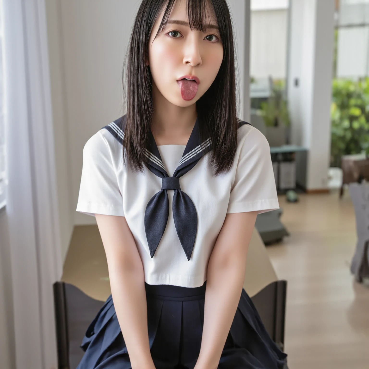 ,Short sleeved white shirt,Red tie,Navy blue mini skirt,Navy blue socks,open mouth,tongue out,cum on tongue,Sitting on a black sofa,looking ahead,from above,flont view,face focus,open mouth,tongue out,(1girl,Beautiful 16 year old girl),((Slender,Small breasts,Small face,)),looking at viewer,Black Hair,bangs,straight,Drooping eyes,Beautiful and detailed,Mischievous smile,Dimly lit room,Simple Background,Gray background,Low lighting