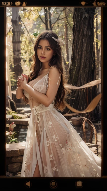 a detailed photo of Minynaranja in a sheer colorful gown without underwear, strolling through a candy land garden in full bloom on a moonlit night, sultry poses, mainly viewed from behind, best quality,4k,8k,highres,masterpiece:1.2,ultra-detailed,realistic,photo-realistic:1.37,HDR,UHD,studio lighting,ultra-fine painting,sharp focus,physically-based rendering,extreme detail description,professional,vivid colors,bokeh,portrait