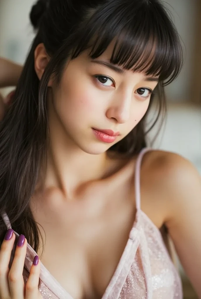 (dark Lighting, at bedroom, 1 girl, flat chest, pink lace bra and panties, medium hair, brown hair, Leaning forward, All fours:1.5), fair-skinned, glossy lips, skinny, body type, delicate and sexy clavicle, highest quality, RAW photo, realistic, face, incredibly ridiculous beautiful girl, cute, Depth of bounds written, High resolution, ultra detail, detailed, Very detailed, extremely detailed eye and face, sharp pupils, sharp focus