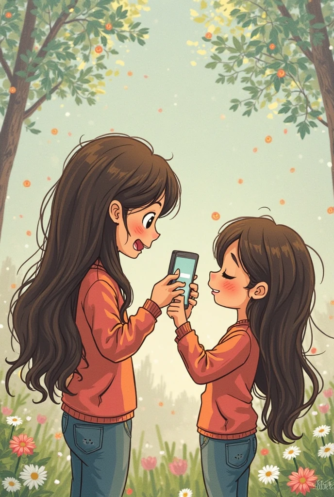 A girl is raising her arm so that a friend does not take her cell phone and her friend, Taking advantage of a gap in the design of the long-sleeved T-shirt, He tickles her by running his fingers through her friend's armpit while she laughs so that she lowers her arm and can retrieve her cell phone.