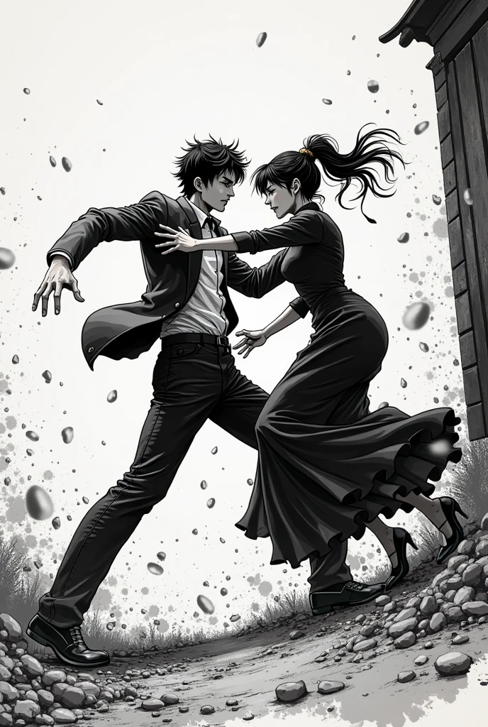boichi manga style, greyscale monochrome, medium shot, full body, 1girl, adult, blood, solo, blood on face, motion blur, hatching \(texture\), injury, ((masterpiece)), <lora:boichi_manga_style_offset:1>, cute vulnerable face, fighting stance