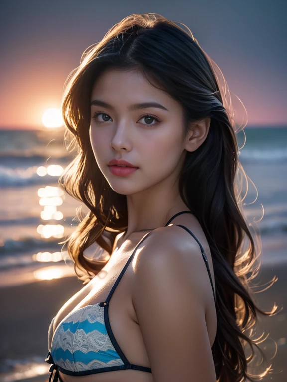 beautiful woman with long beachy wavy hair,tropical floral lingerie set,posing on sandy beach,palm trees,sunset background,(best quality,4k,8k,highres,masterpiece:1.2),ultra-detailed,(realistic,photorealistic,photo-realistic:1.37),HDR,UHD,studio lighting,ultra-fine painting,sharp focus,physically-based rendering,extreme detail description,professional,vivid colors,bokeh,highly detailed portrait,cinematic lighting,dramatic atmospheric lighting,soft depth of field,beautiful detailed eyes,beautiful detailed lips,extremely detailed eyes and face,longeyelashes,romantic,sensual,alluring