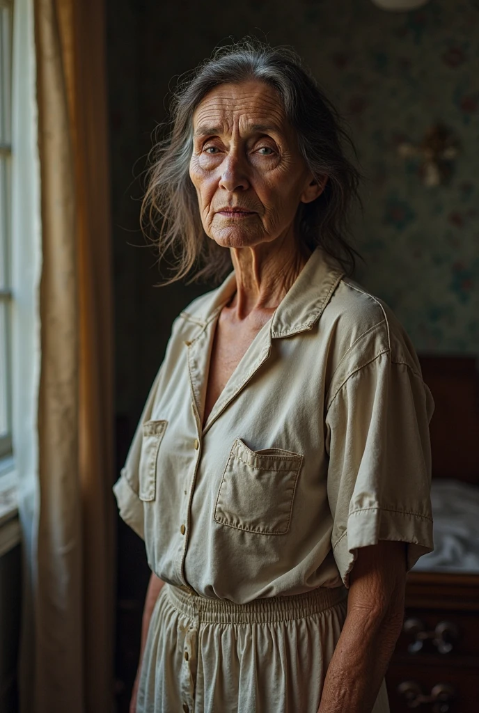 A 65 year old lady, with a thin, wrinkled body weighing 50 kilos and an easy, suffering expression. She is wearing a short skirt that is 30 centimeters long and a low-cut blouse.. She is seen in front of a door that leads to a room and it is night time..