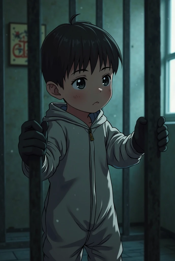 Cinematic Anime style. Manga art. TME0224 face, (((a baby boy, 4yo))) in a funny night (((wearing a baggy zipper onesie with hands in pockets))). (((Prison Cell background))). cinematic lighting, drop shadow, masterpiece, UHD, anatomically correct, textured skin, super detail, high details, high quality, best quality, 4K, full body
