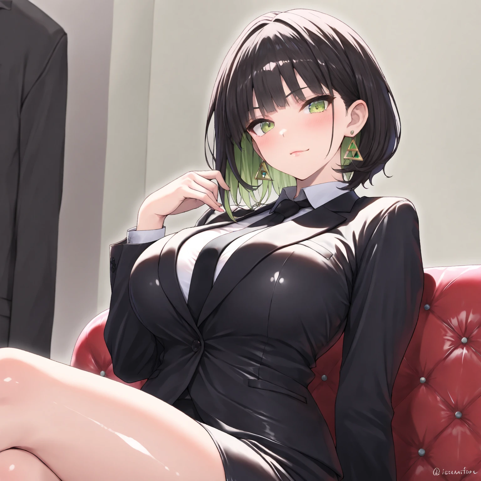 <lora:fubuki:1>fubuki\(one punch man\), coat, green eyes, solo, 1girl, parted lips, looking to the side, short hair, taut dress, large breasts, crossed legs, green dress, couch, dark green hair, thighhighs, sitting, long sleeves, thighs, lace-trimmed legwear, black thighhighs, fur coat