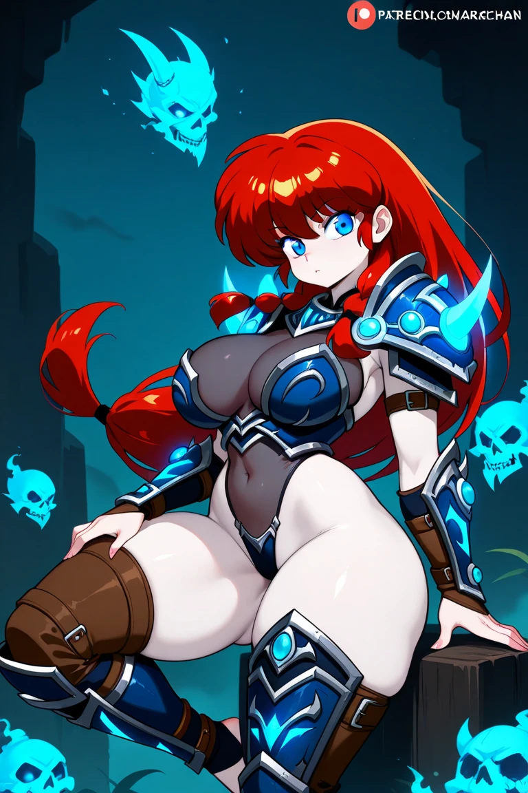 ((1 cyborg woman, bionic arms)),((blue breasts, giant breasts, naked breasts, naked pussy, blue pussy, pussy dripping with blue liquid, erect breasts)),((standing with legs wide open in the shape of m)),((red hair,red eye)),((a haunted forest, at night)),