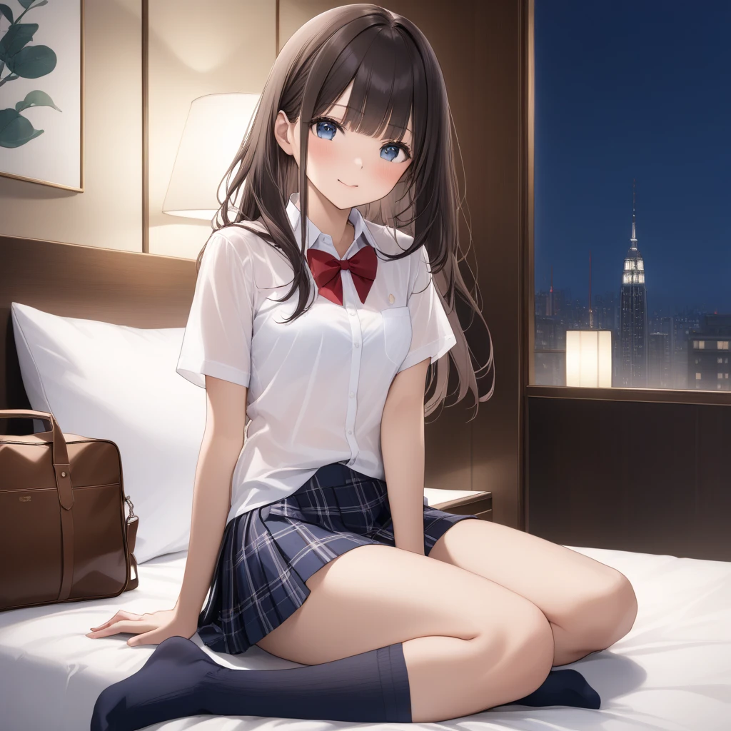 very cute and beautiful girl,(highly detailed beautiful face and eyes),
sitting on bed sheet,white blouse,looking at viewer,(smile),black hair,pleated black mini skirt,
fashion bag,pouch,
antique hotel bedroom,window,distant trees and town,
(best quality,masterpiece),absurdres,highres,ultra-detailed,extremely detailed,32k,8k resolution,
intricate details,cinematic scene,detailed background,solo,dynamic angle,