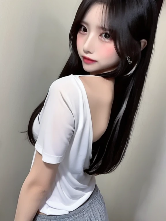 ((highest quality)), ((masterpiece)),Perfect Face,Very very cute girl,alone,((Black hair half-up)),JC,Japanese,(Small breasts:1.9),Thin legs,(White blouse:1.8),(black short skirt:1.8)