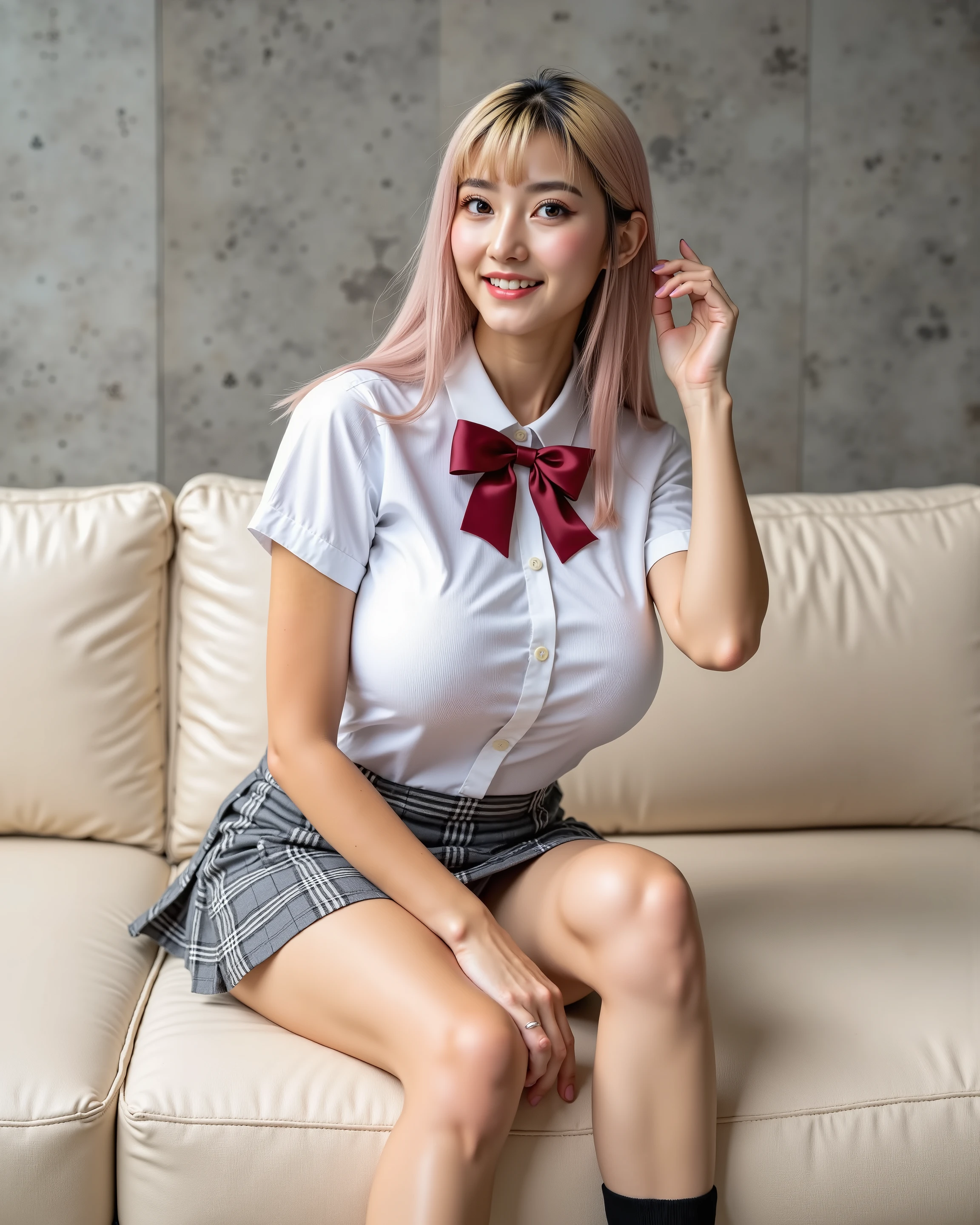 1girl,20years-old, light pink hair mixed with and yellow and white and black hair on shoulder, RAW photo, (highest quality), (photorealistic: 1.4), (realistic skin texture: 1.5),(large breasts),(sagging breasts),(long legs, high wearlegs,), ((slender,slim,skinny)) tilt head , sexy pose, (seductive smile), noble and elegant,
A young slimfitt Japanese schoolgirl uniform with long straight hair and soft bangs, porcelain skin, and large expressive brown eyes. School uniform consisting of a crisp white short-sleeve button-up blouse, neatly tucked in, accented by a deep red ribbon bow at the collar, and a gray-and-black plaid mini-skirt sitting low on the hips. She wears simple black ankle socks and pale mint-green panties subtly revealed beneath her skirt. The blouse is smooth and form-fitting, the bow perfectly centered. The skirt's pleats fan out naturally. Her nails are painted a delicate pink. Her hair falls loosely over her shoulders, showcasing a dainty silver necklace. leaned slightly on the light cream leather sofa. She sat with her knees raised, her hands on her knees and spread her legs slightly, revealing her panties under her skirt. Her other hand lightly touched her hair near her ear. Her head is tilted gently toward the camera, lips parted in a soft, inviting smile, eyes engaging directly with the viewer. living room with a concrete-textured feature wall behind the sofa. Neutral tones—soft beige and stone gray—dominate. A plush cream rug and a low coffee table with a single potted plant add warmth and modern simplicity.