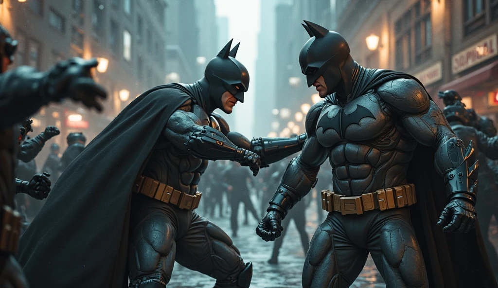 Criar umas imagens, An actorSimilar to  Ben Affleck as Batman filmed by Zack Synder, portray inside batman costume, fighting with rage facing the Joker Alike Joaquin Phoenix, cape, variant angles, directed by Zack Synder, captured with award winning photography technique, in a semi dark environment, evoking a sense of darkness and anger, bokeh, grainy, teal and orange colors grading, in urban places/setting, blurry, captured with IMAX, 200mm f2.9, high resolution.