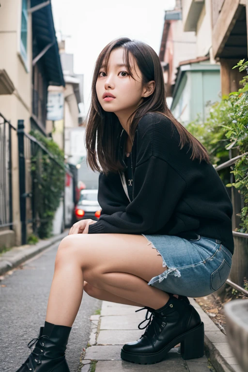 8K, Ultra-high resolution, Highest quality, masterpiece, 三分割法によるphotograph,Surreal, photograph, 1 Girl, (:1.3), pretty girl, Cute face, Beautiful eyes in every detail, 細かくdetailedに,masterpiece,One Girl:1.2, Japan Female Announcer,whole body,from below,Fearful expression,Black Hair,Messy hair,Cyber city of the near future,Wearing a cardigan sweater on your back、Girl crouching in the middle of the road, Plaid pencil skirt, High socks and black shoes,Beautiful leg line beauty,Realistic Skin, Perfect and beautiful face ,完璧でCute face, Skin with attention to detail, Perfect limbs、Narrow waist、Thin legs),Looking at the audience、beauty,Long neck、(((Ideal body type))),A cup small breasts :2,Portraiture:2,Perfect Anatomy,鮮明なdetailed,detailed,Surreal,Light and shadow,darkness